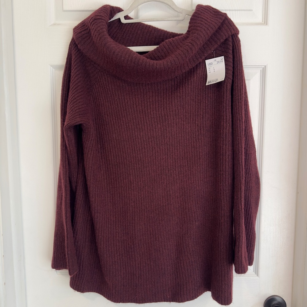 HM Women Burgundy Ribbed Cowl Neck Raglan Sleeve Knit Oversized  Sweater L New